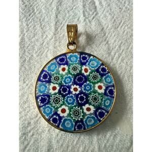 AMV Murano Millefiori Pendant & Bracelet Charm Set – Gold‑Tone Blue Floral Glass